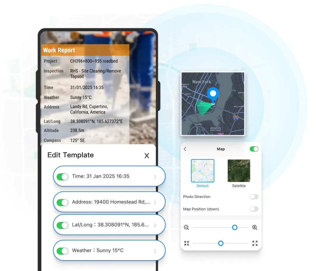 Timemark app interface showing a construction site photo, map settings (Default, Satellite), timestamp (09:30 AM, Sep 20 2023, Wed, 19400 Homestead Rd, Cupertino, California, America), and options like "Preview", "Files", "Templates".