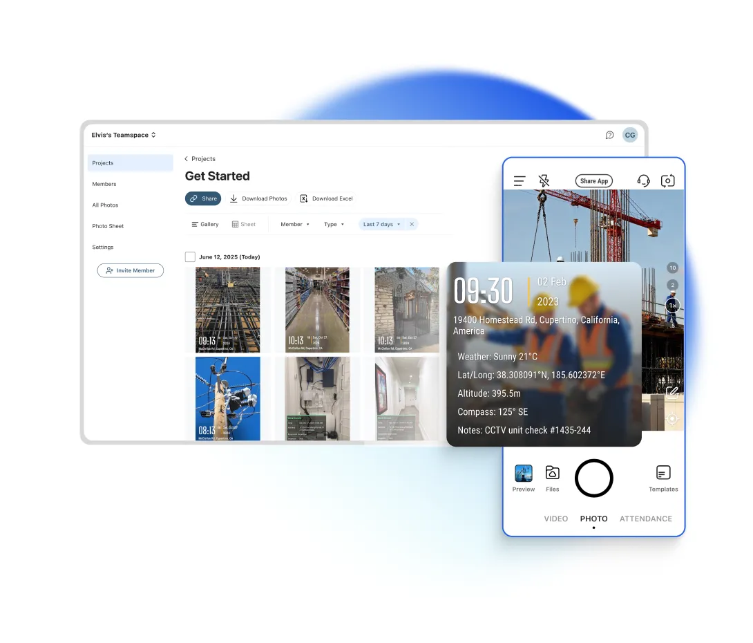 Teamspace interface "Elvis's Teamspace" with project management options and Timemark app interface showing a construction site photo with timestamp (09:30, 02 Feb 2023, 19400 Homestead Rd, Cupertino, California, America) and details like weather, lat/long, altitude, compass, notes.