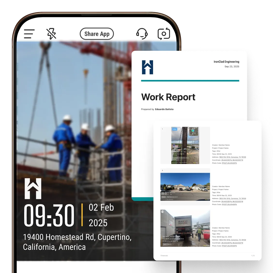 A photo gallery that has a few photos selected; on the right hand side shows the options to export to Excel or PDF; at the bottom shows the options to share to WhatsApp, export as PDF / ZIP / KMZ.