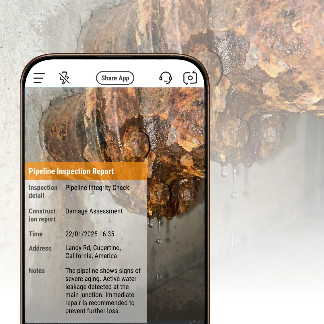 A photo gallery that has a few photos selected; on the right hand side shows the options to export to Excel or PDF; at the bottom shows the options to share to WhatsApp, export as PDF / ZIP / KMZ.