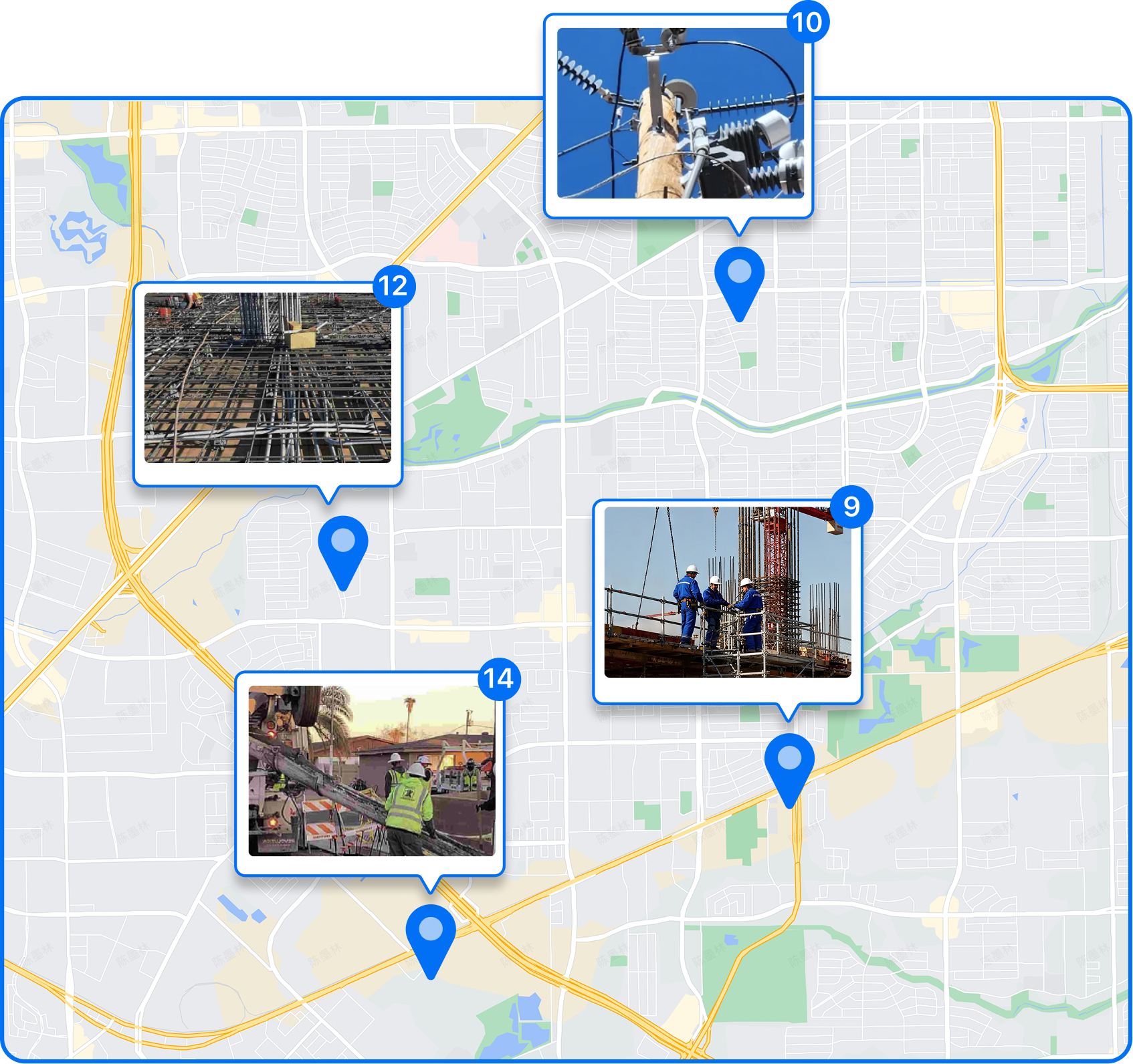 Timemark app interface with toggles for "Time: 02 Feb 2024 5:57 PM", "Address: 19400 Homestead", "Map", and a map of New York.
