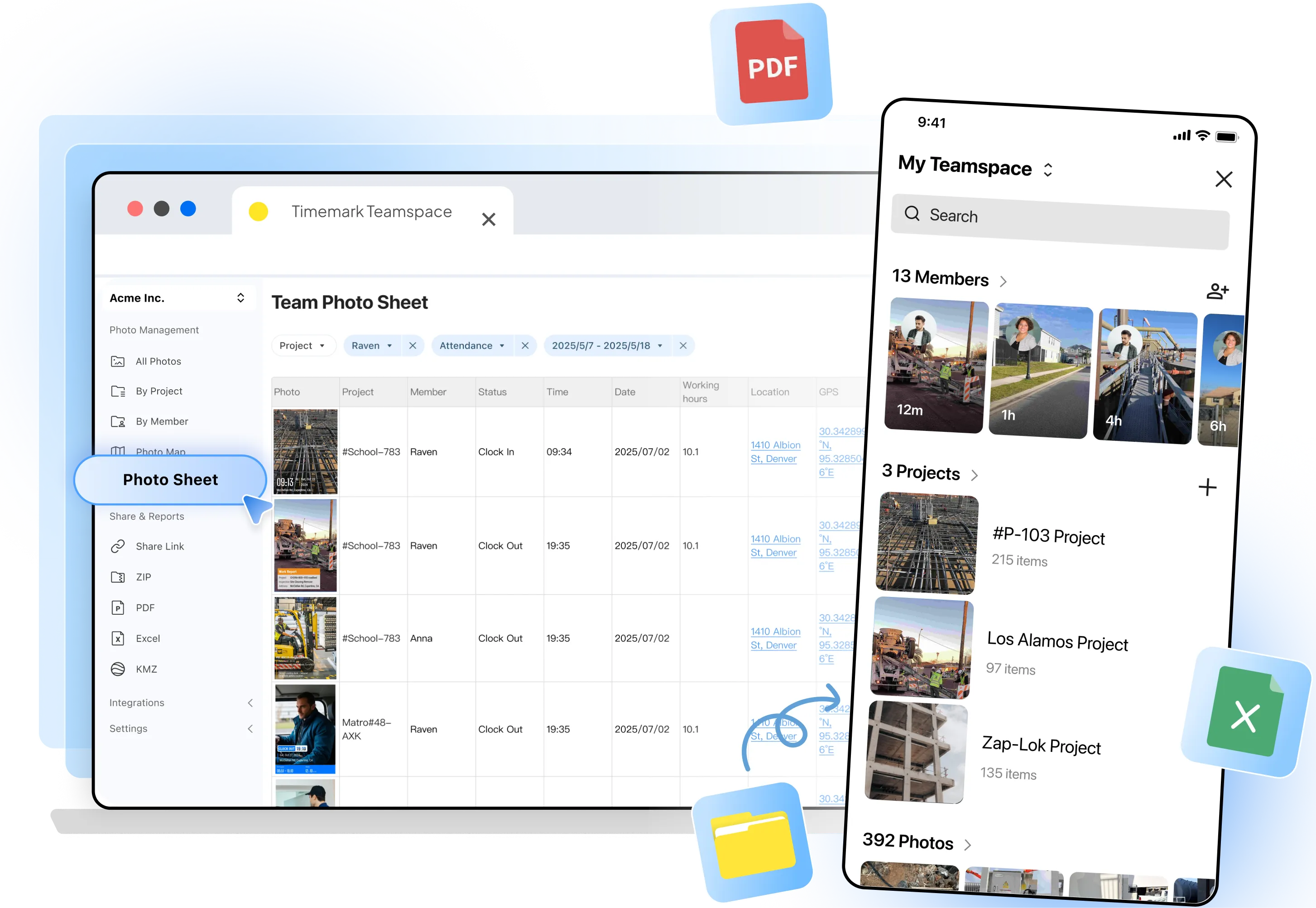 Timemark app interface with toggles for "Time: 02 Feb 2024 5:57 PM", "Address: 19400 Homestead", "Map", and a map of New York.