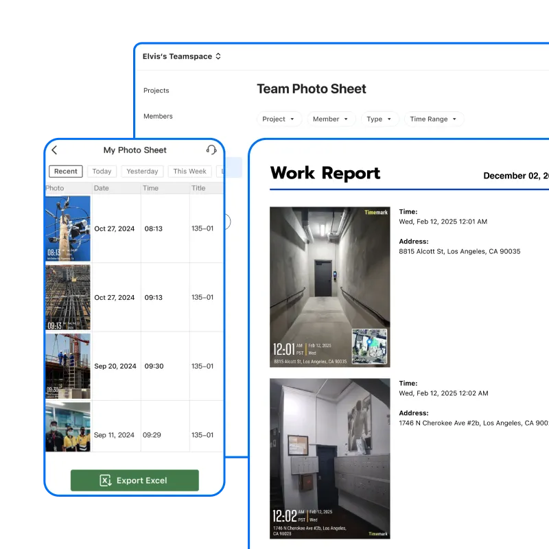 A photo gallery that has a few photos selected; on the right hand side shows the options to export to Excel or PDF; at the bottom shows the options to share to WhatsApp, export as PDF / ZIP / KMZ.