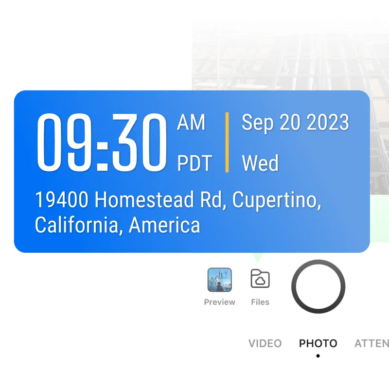 The interface of Timemark with a timestamped photo. The sync status bar shows “Saved”. 