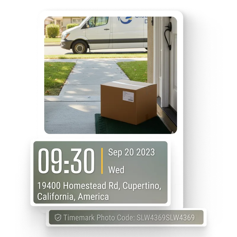 The interface of Timemark with a timestamped photo. The sync status bar shows “Saved”. 