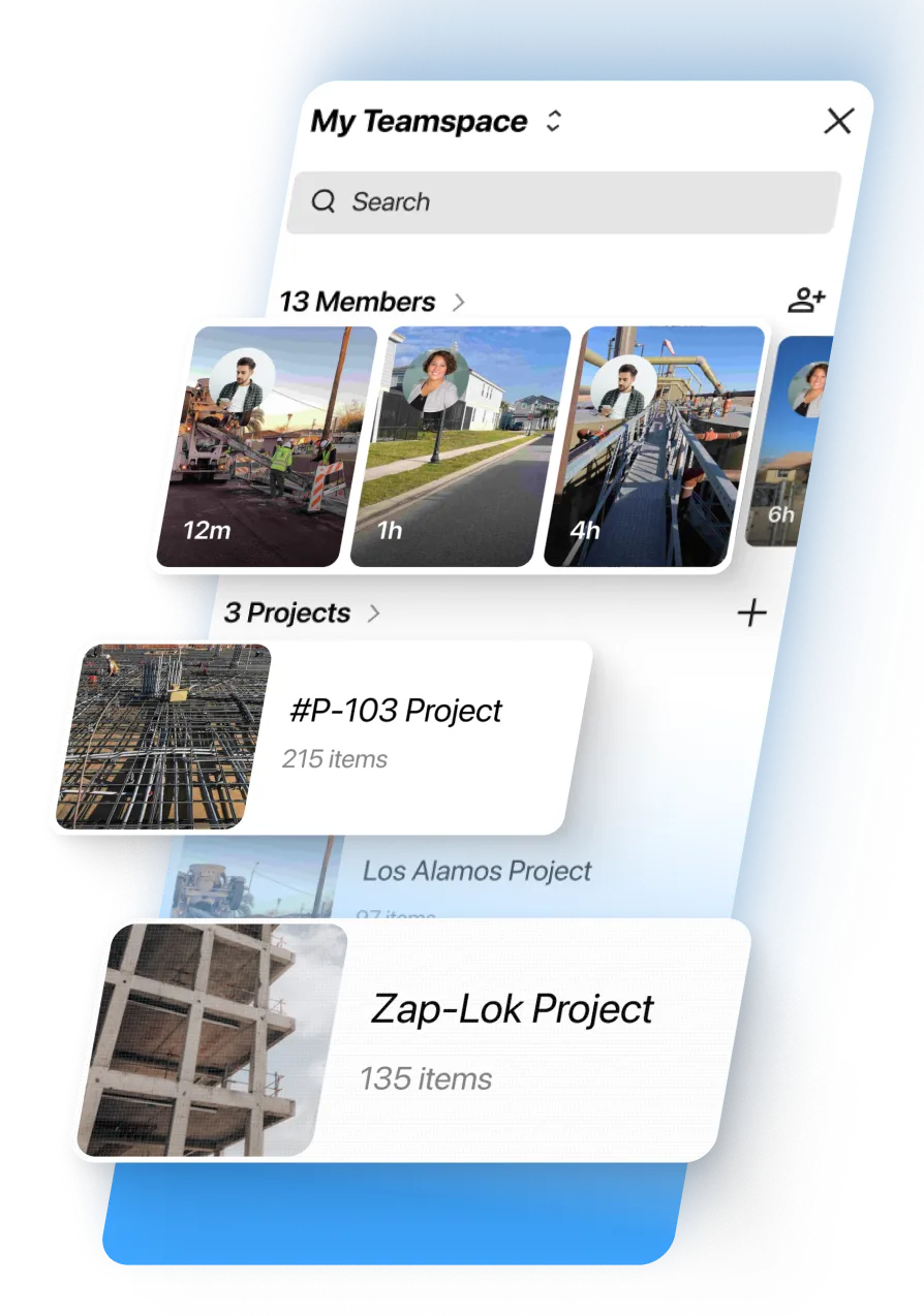 Teamspace interface "My Teamspace" showing 13 members and 3 projects (#P - 103 Project, Los Alamos Project, Zap - Lok Project).