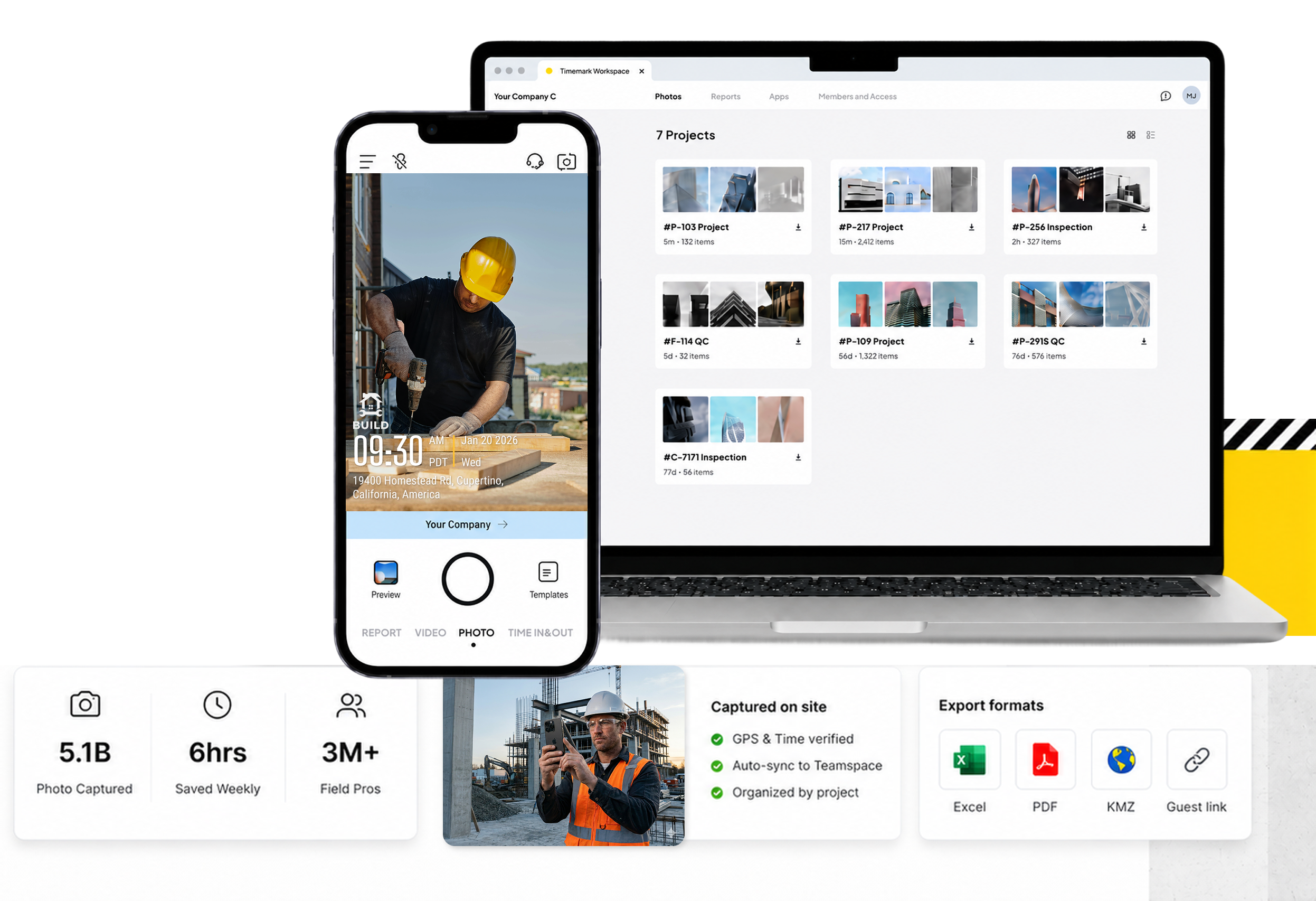 Timemark Camera laptop and phone showing verified jobsite photos with stats and export options
