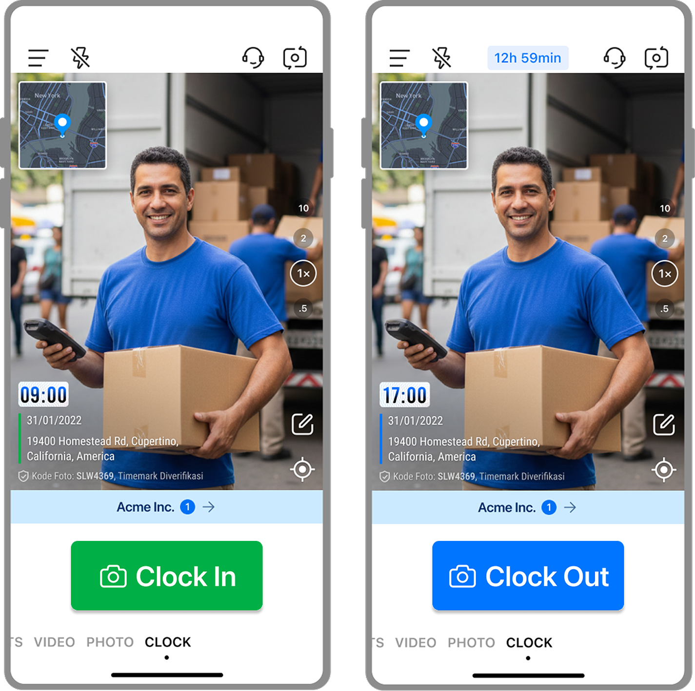 The interface of Timemark with a timestamped photo. The sync status bar shows “Saved”.