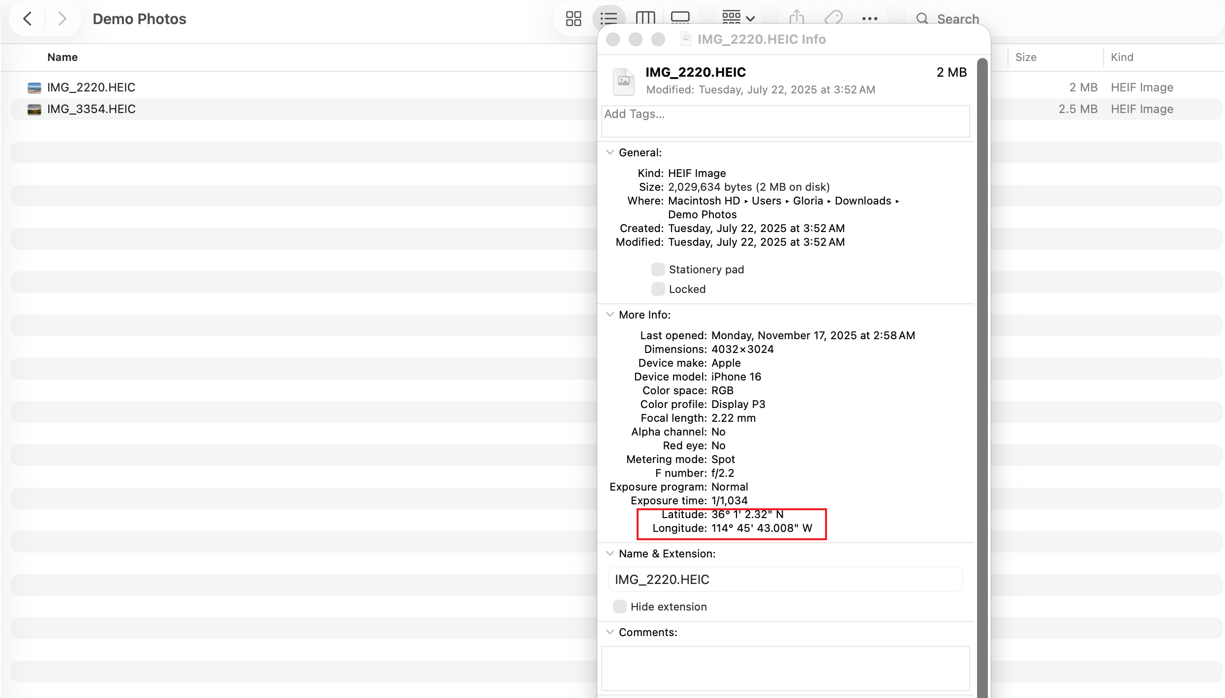 A screenshot showing how to find the latitude/longitude from an image on Mac