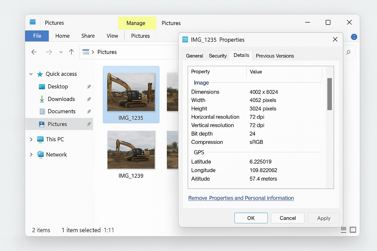 A screenshot showing how to find the latitude/longitude from an image on Windows
