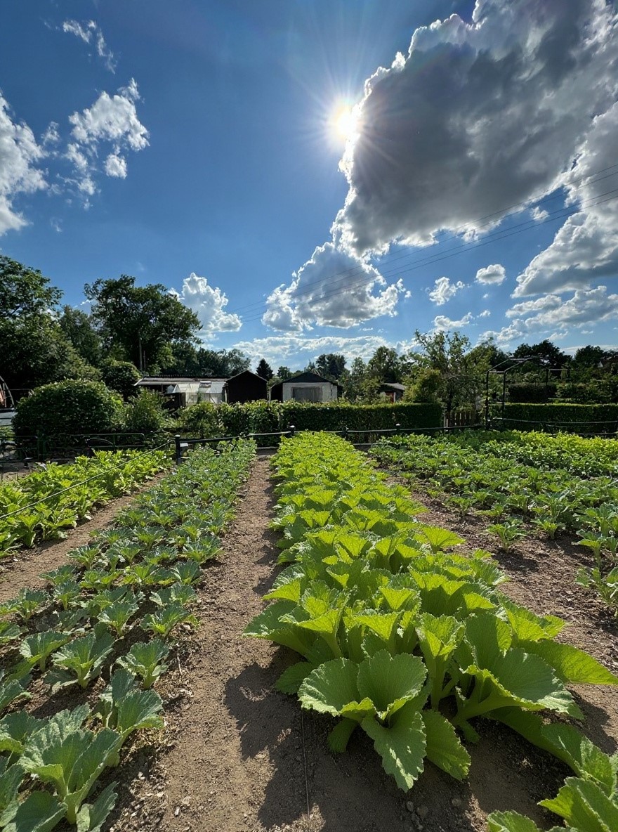 Unser Garten mit Gemüsebeet und Pflanzen vor blauem Himmel im Hintergrund
