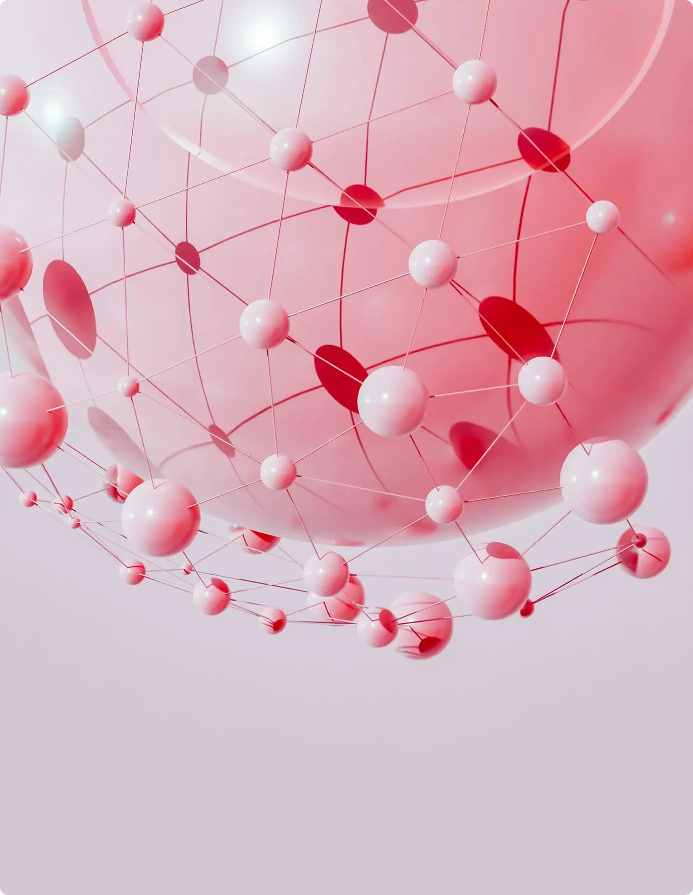 Visuel abstrait de sphères connectées représentant un réseau d'expertise collaboratif dans le domaine de la santé.