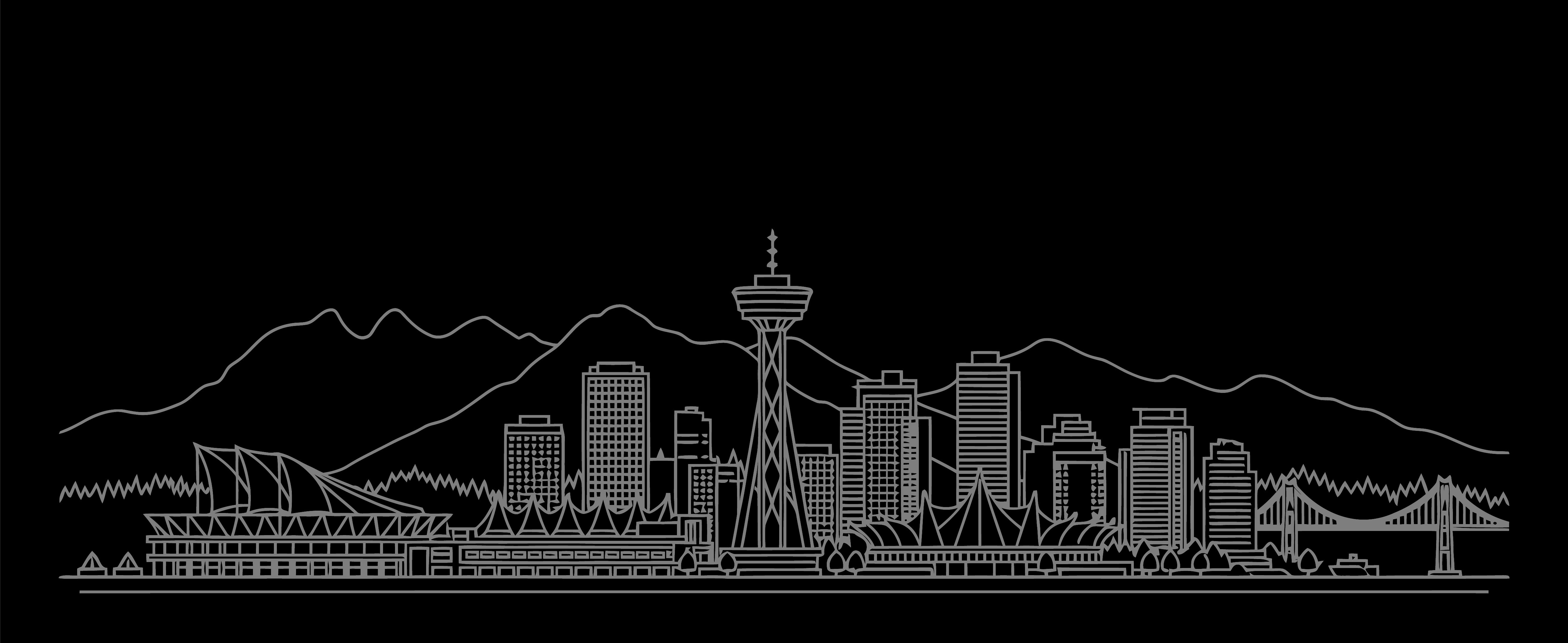 Outline of Vancouver city skyline with mountains and a suspension bridge in the background on black.