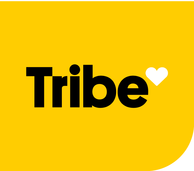 Logo with the word 'Tribe' in black letters next to a white heart on a yellow background with rounded corner.