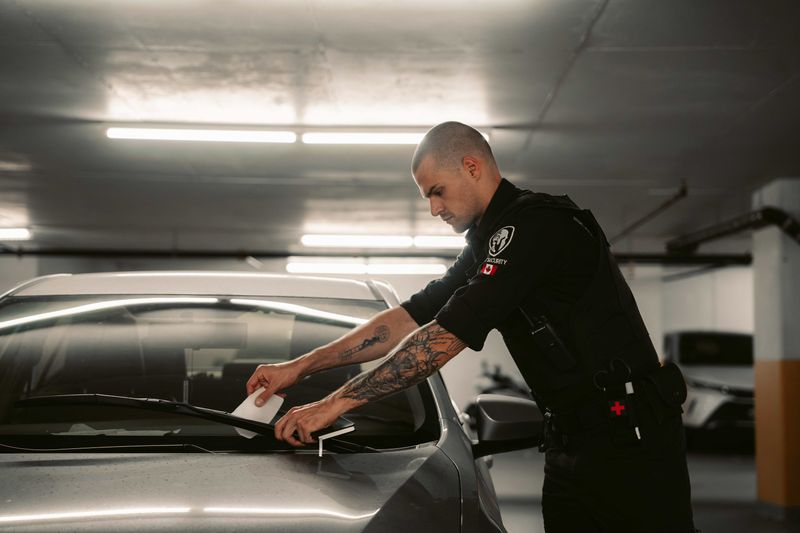 Grit Security officer documenting a vehicle during a parkade security patrol