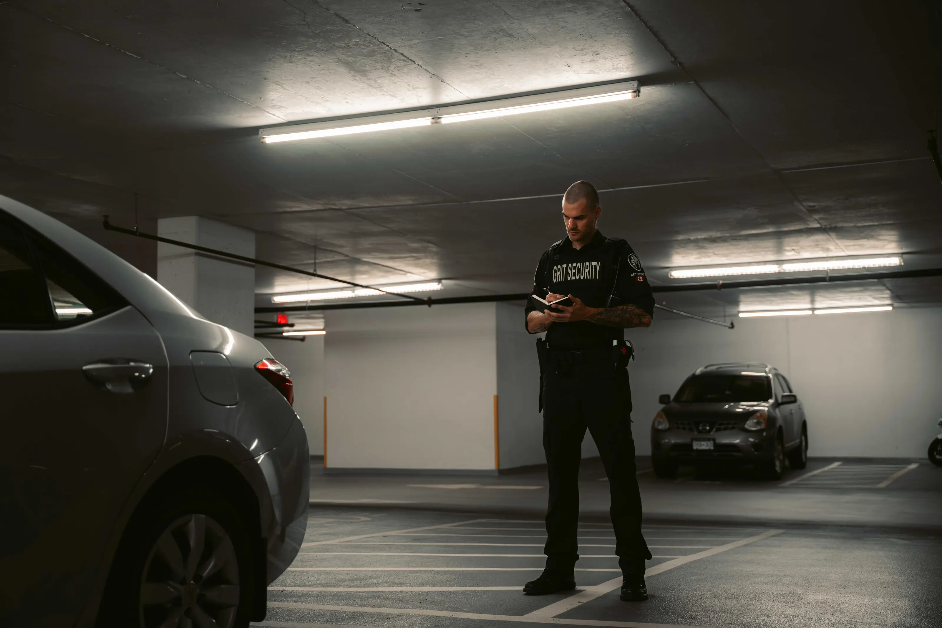 Grit Security officer completing a mobile patrol check in an underground parkade.