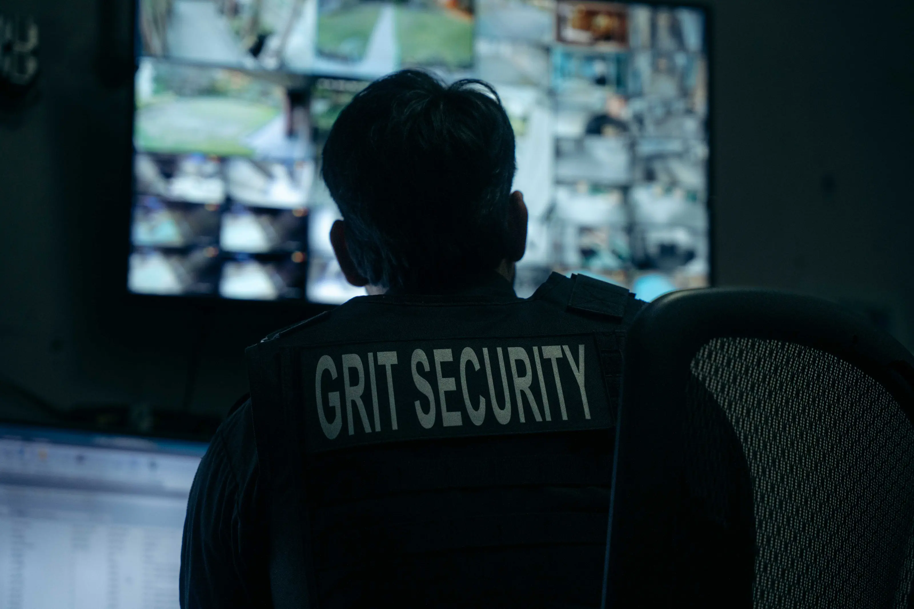 Grit Security officer monitoring security camera feeds.