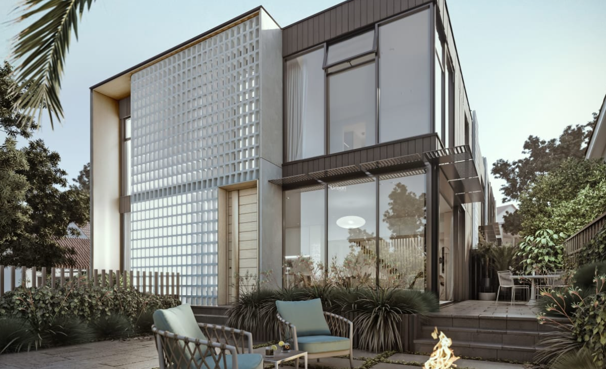 Modern two-story house with large glass windows, outdoor seating area, and fire pit in a landscaped garden.