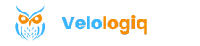 Velologiq logo with owl icon and brand name in blue and orange