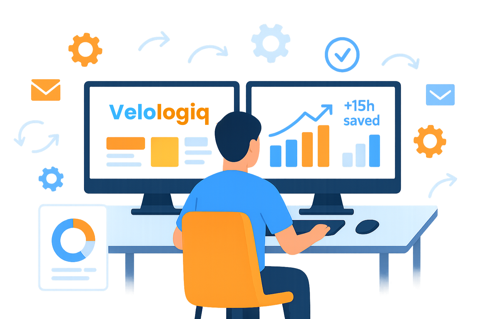 Illustration of business owner using Velologiq automation dashboard to track workflows and time saved