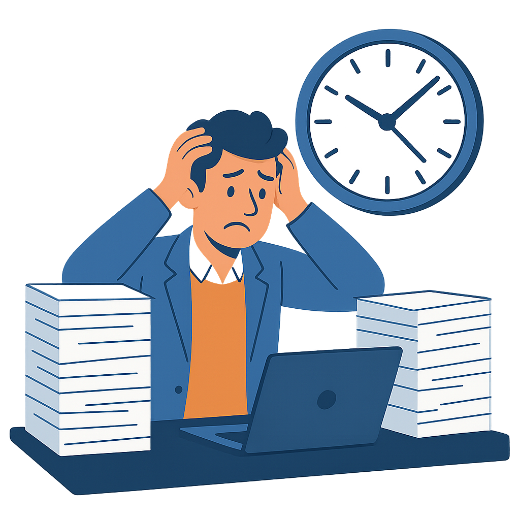 Illustration of stressed business owner surrounded by paperwork, symbolizing hours lost on manual admin