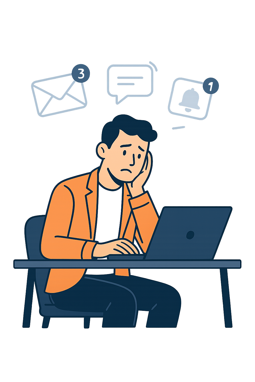 Illustration of business owner overwhelmed by emails and notifications, symbolizing admin overload