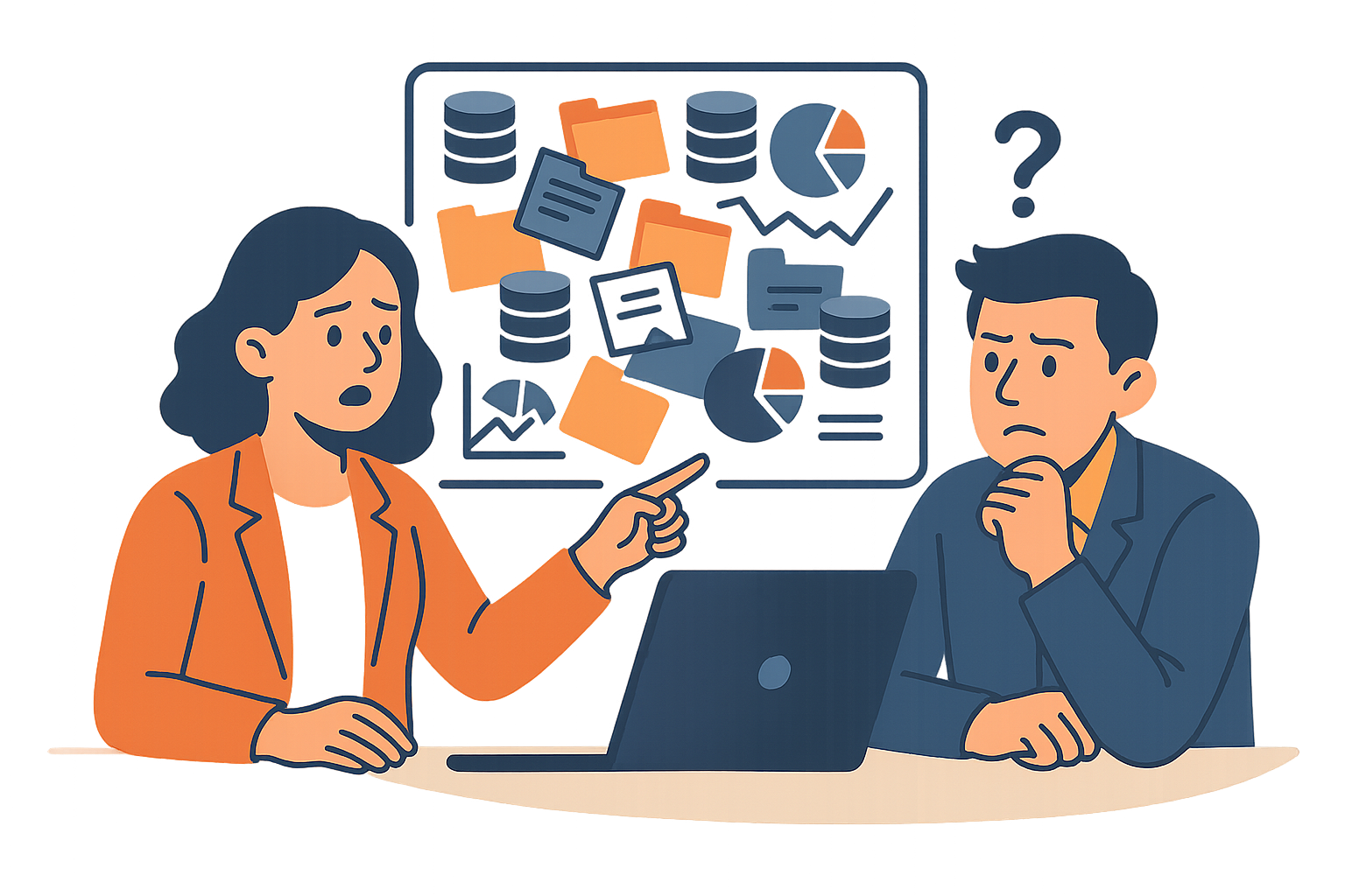 Illustration of business professionals confused by a messy CRM dashboard with errors and disorganized data