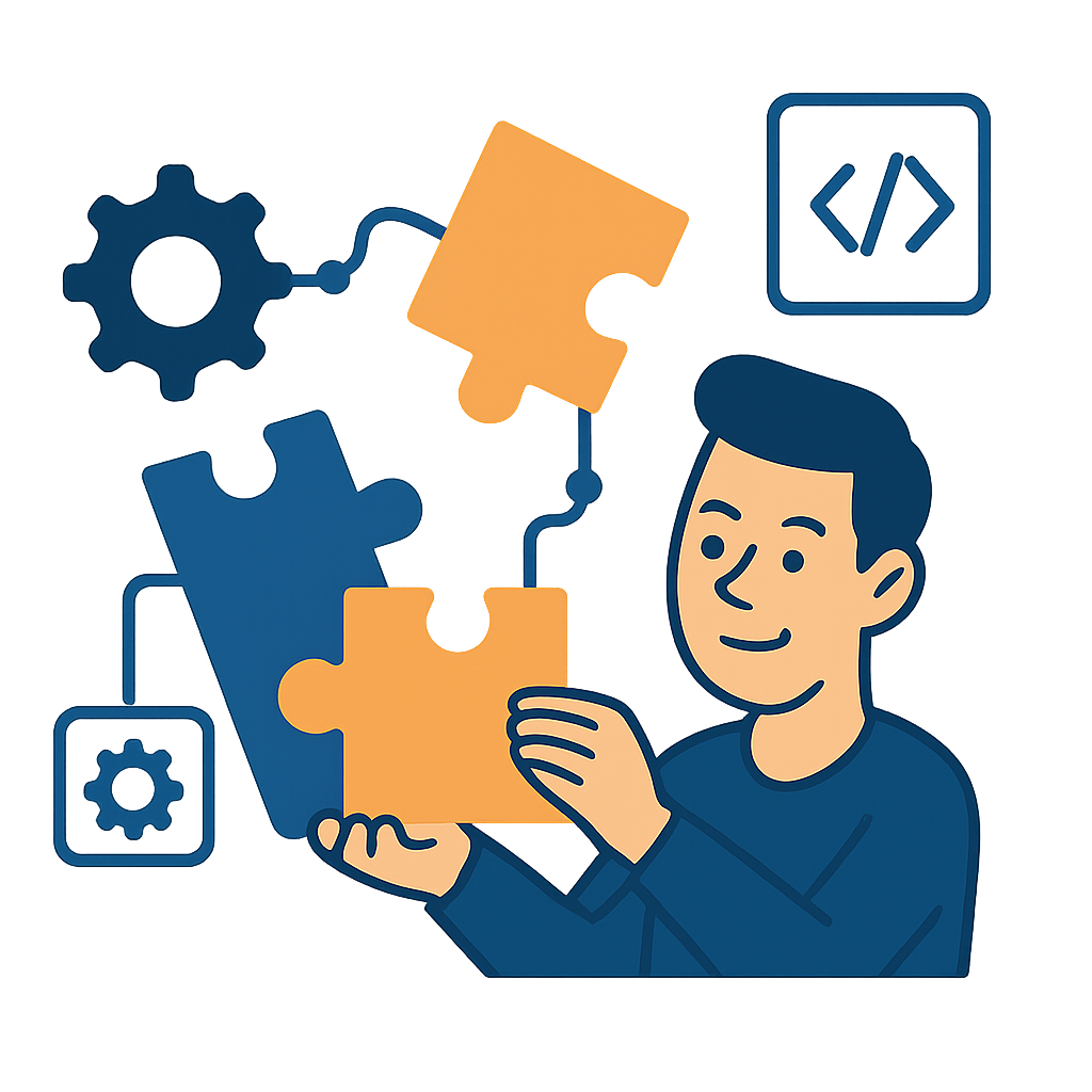 Illustration of professional connecting puzzle pieces, symbolizing building and integrating automation solutions