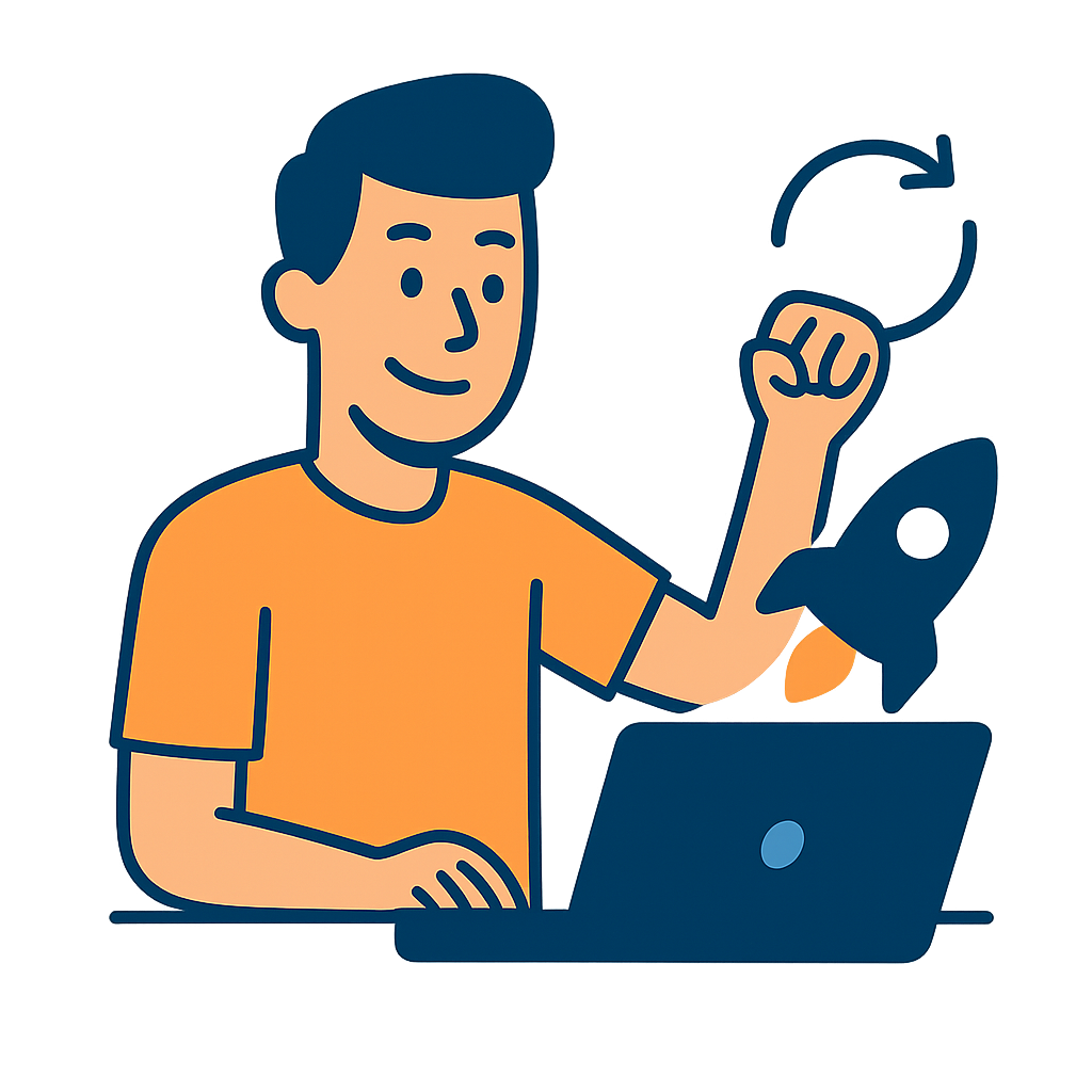 Illustration of professional working on a laptop, symbolizing launching and refining automation workflows