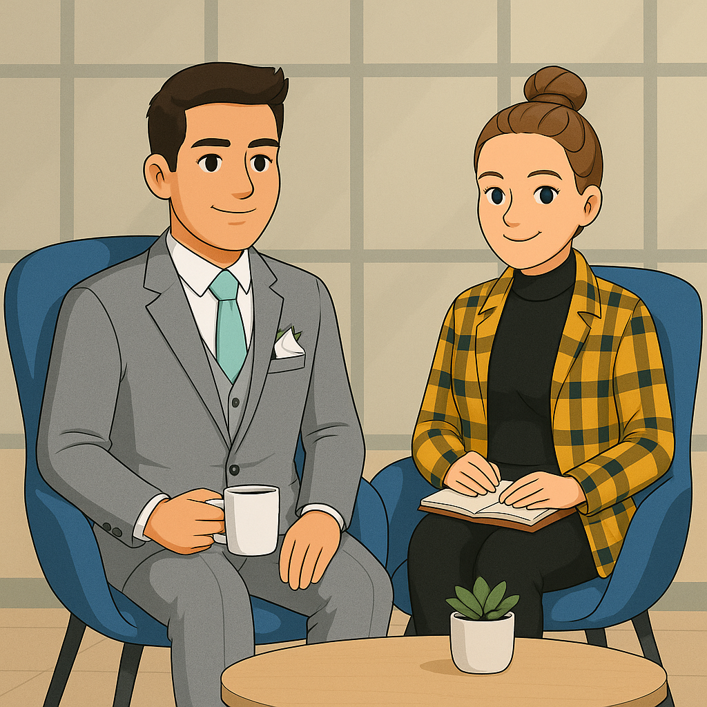 Illustration of two Velologiq team members sitting together in a meeting with coffee