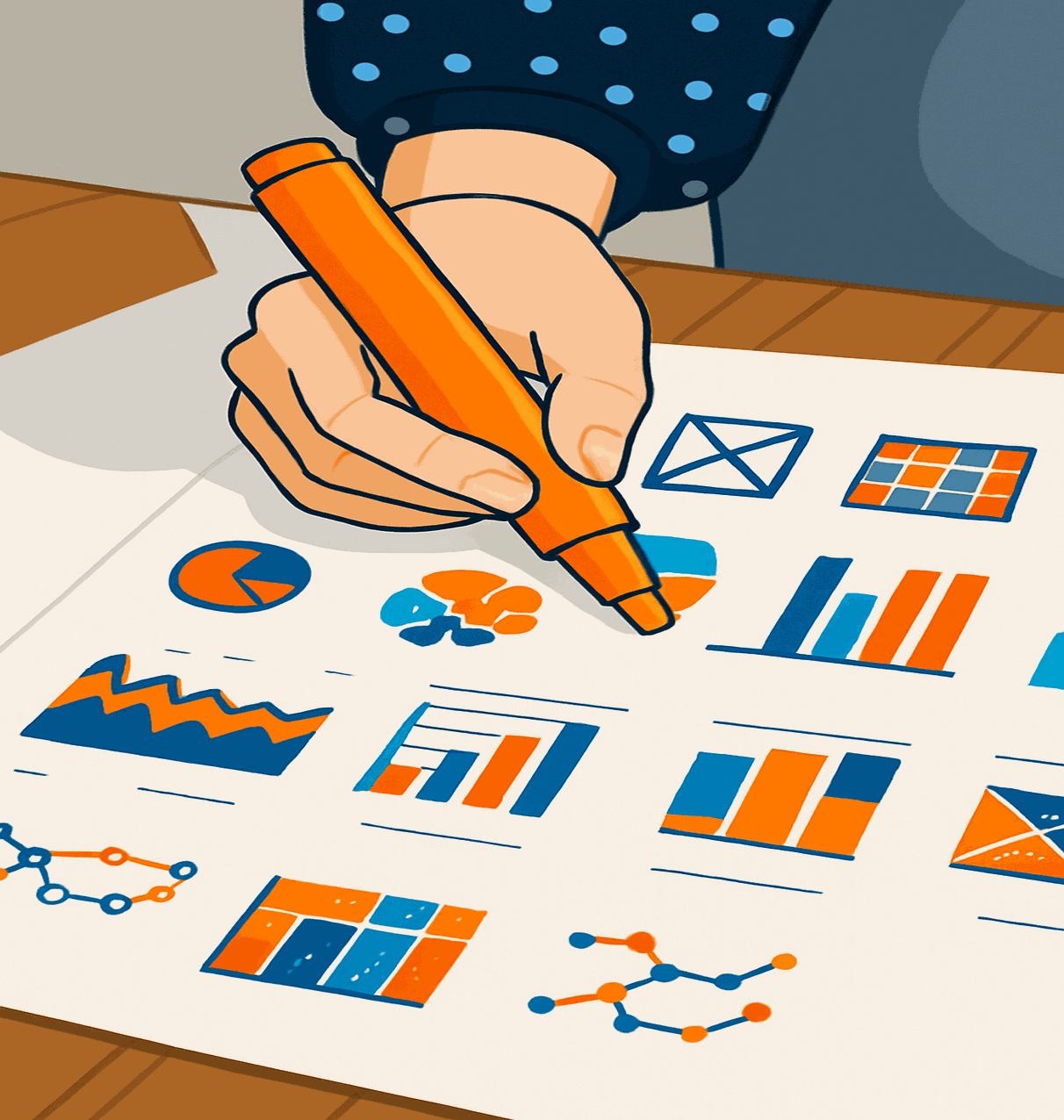 Illustration of person sketching automation workflows with charts and diagrams on paper