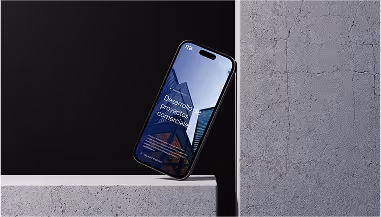 Smartphone displaying a cityscape with the text 'Business Corporation Company' leaning against a concrete surface between two walls.