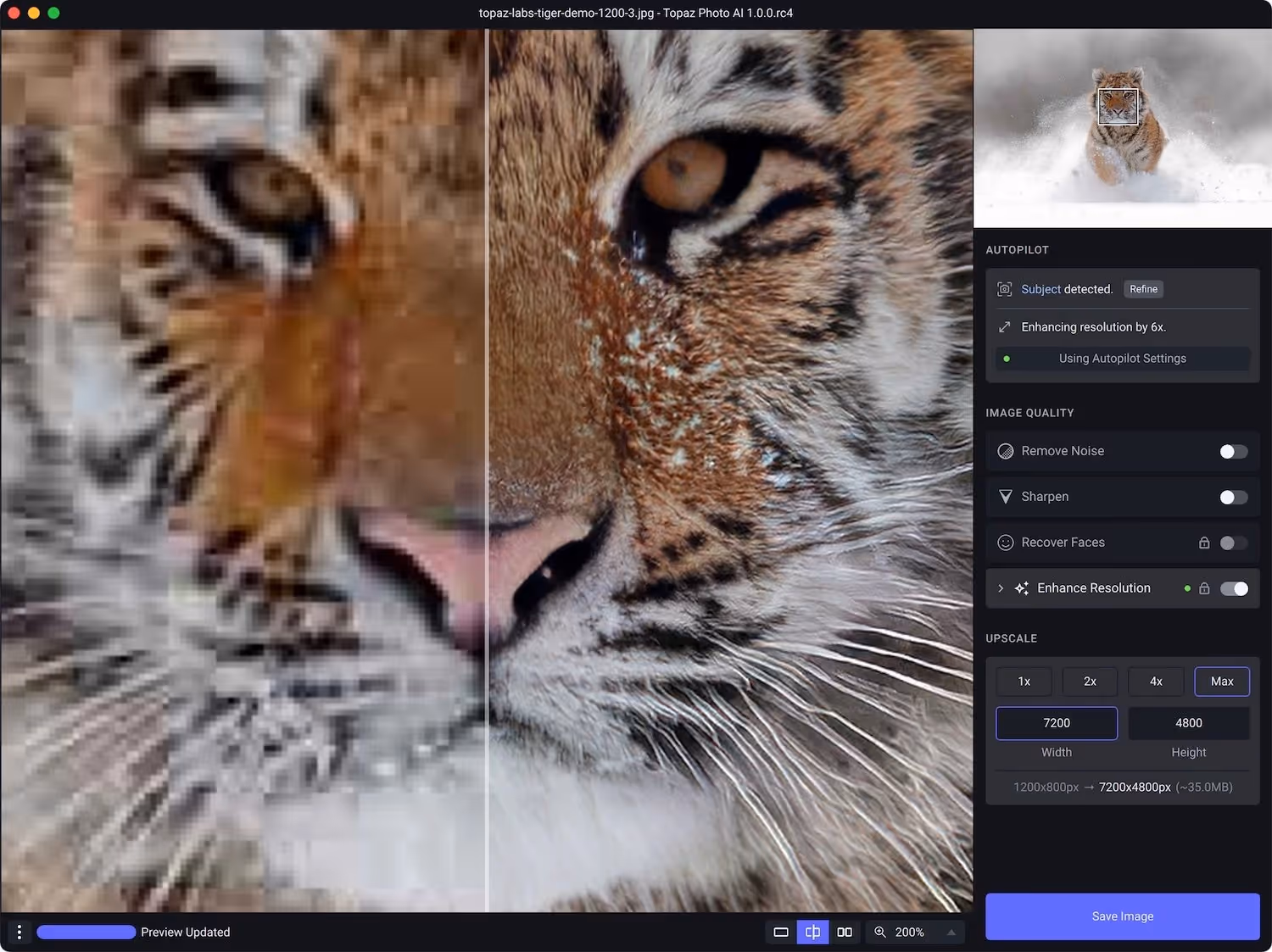 Topaz Labs, compare before and after with tool to see improved and upscaled version