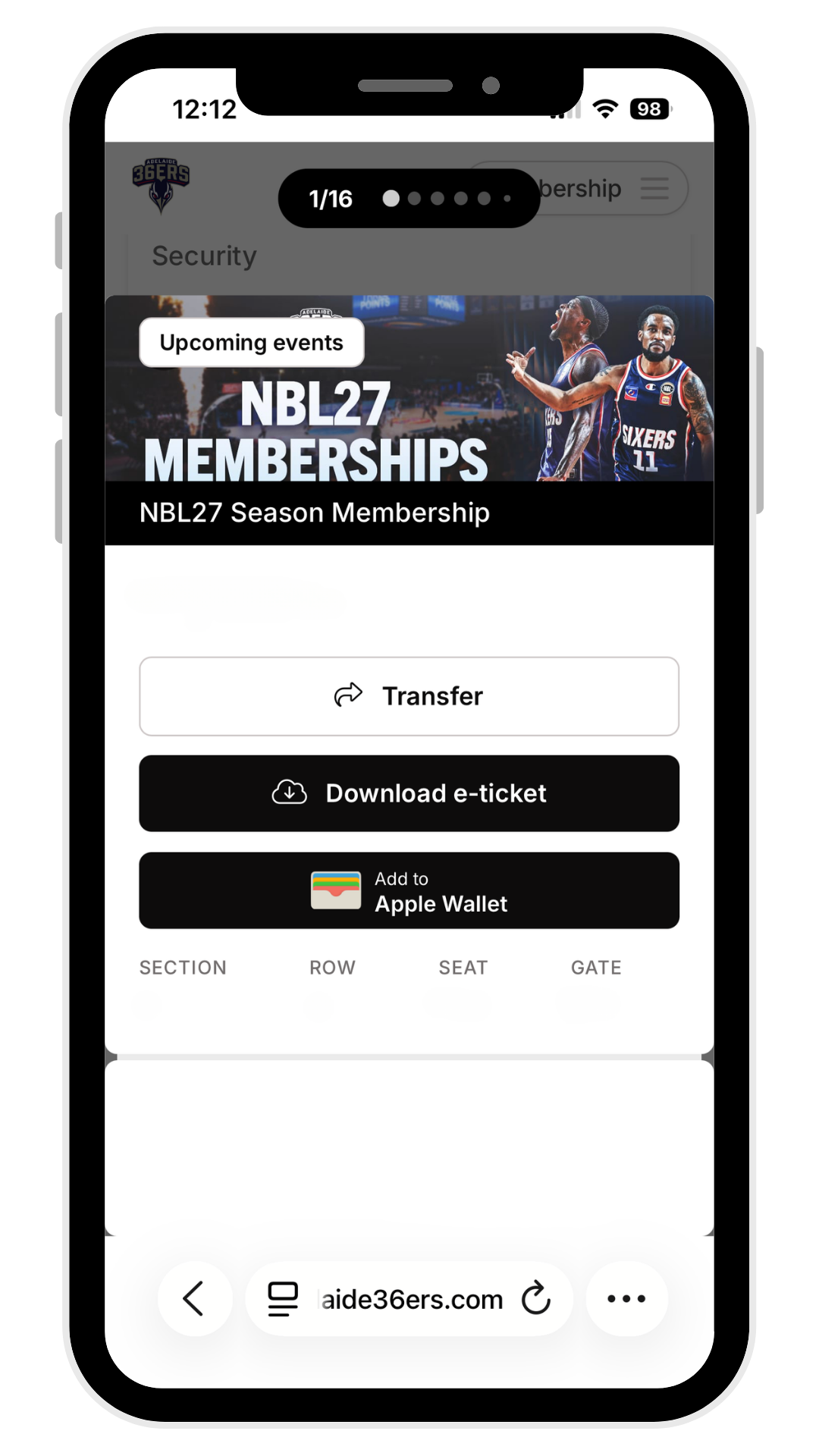 Screenshot of ticket options