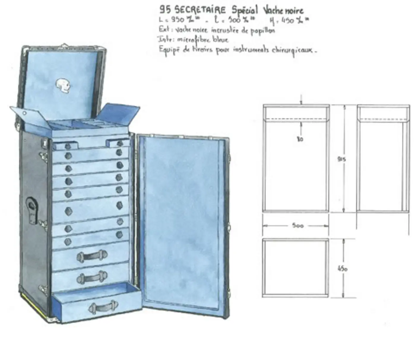 Illustration of black leather trunks in Louis Vuitton x Damien Hirst