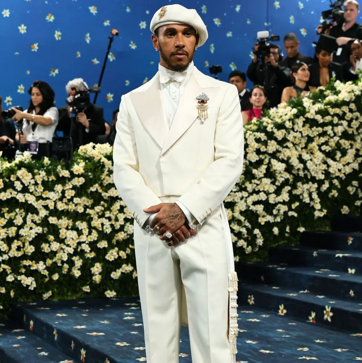 Hamilton's custom suit from the creative collaboration with London-based designer Graces Wales Bonner and styled by Eric McNeal Hamilton's custom suit from the creative collaboration with London-based designer Graces Wales Bonner and styled by Eric McNeal