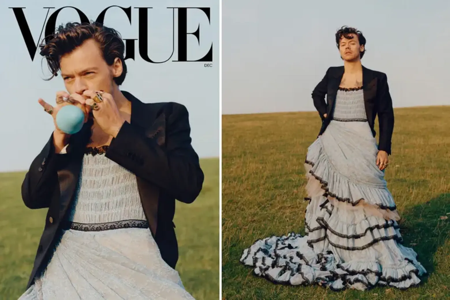 Harry Styles in a Gucci jacket and dress