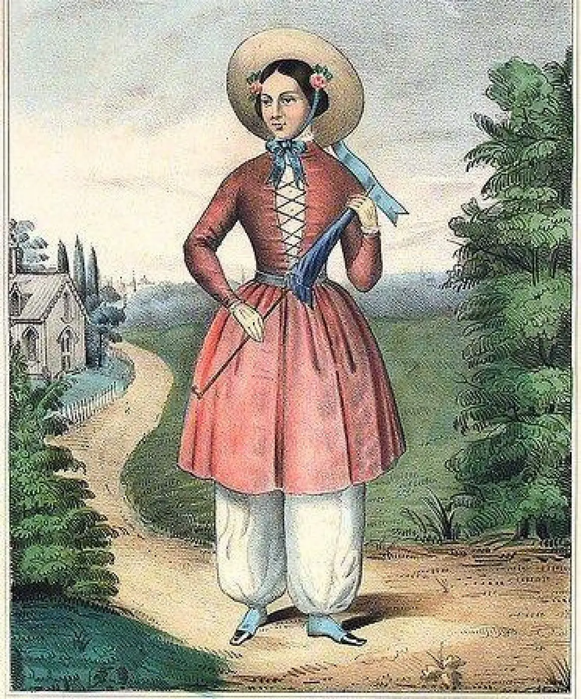 Period illustration of a Bloomer Costume, with a relatively short skirt over pantaloons