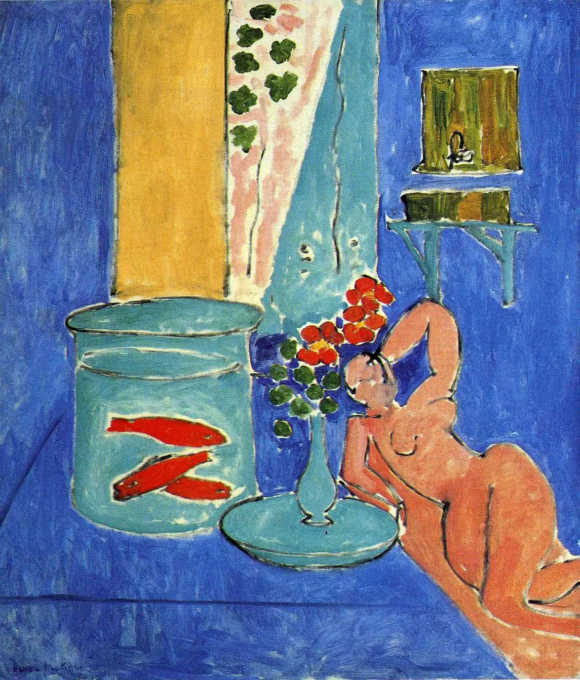 'Goldfish and Sculpture', oil on canvas