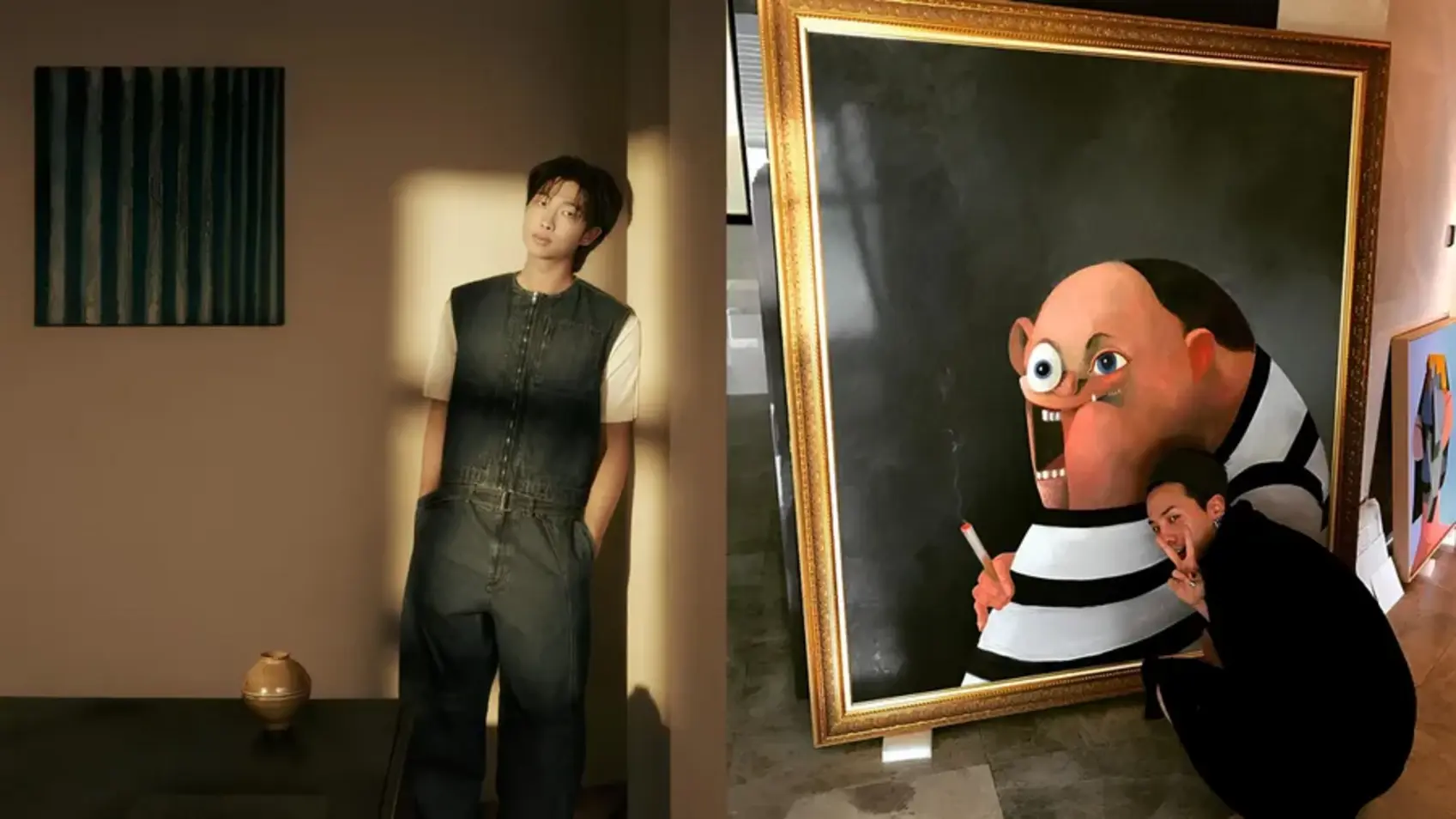 RM posing with the painting "Big John" by George Condo