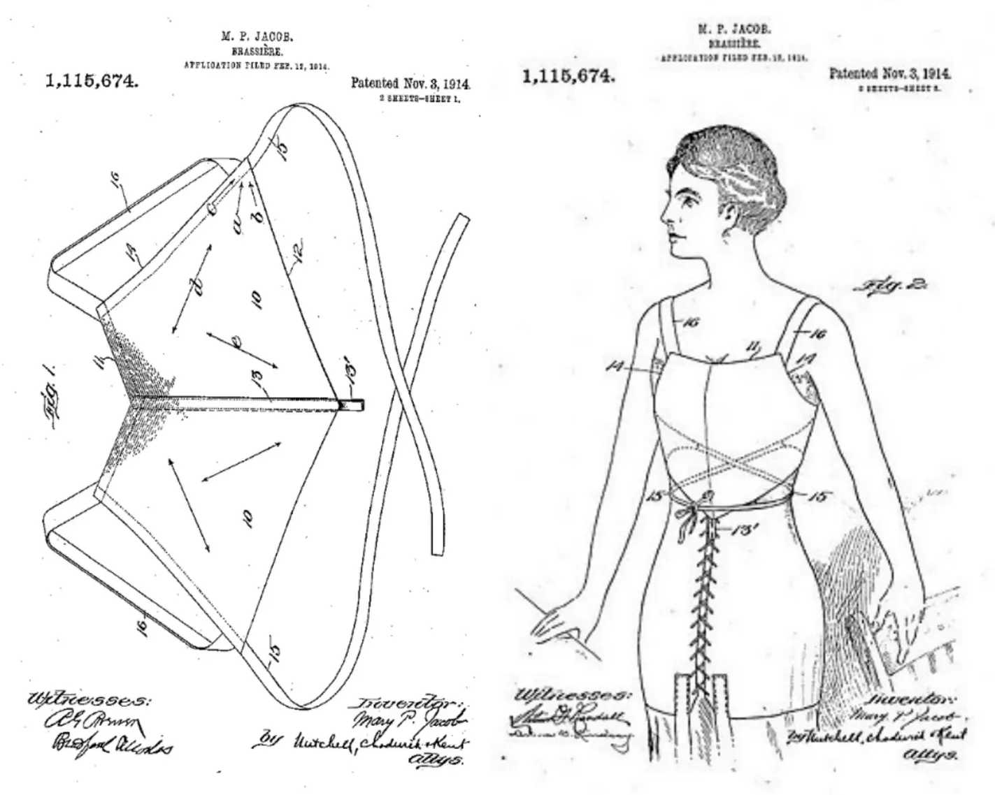 The 1914 patent drawing for Mary P. Jacob’s “Backless Brassière” (U.S. Patent No. 1,115,674)