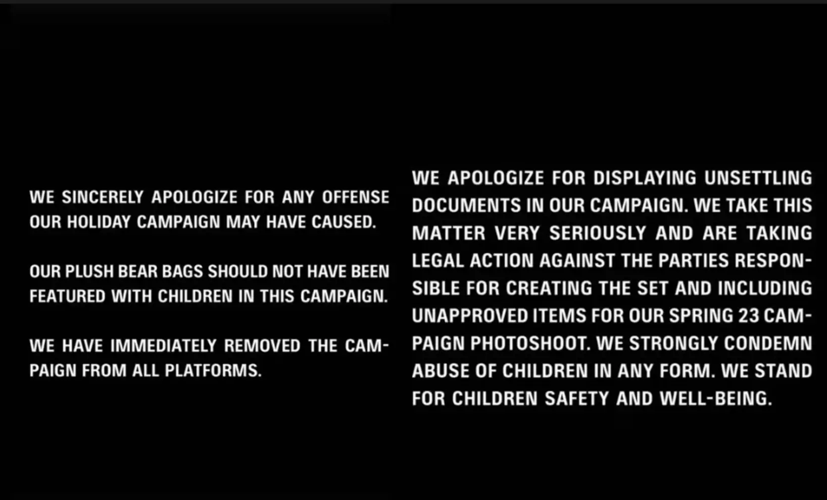 A series of apologies put out by Balenciaga, uploaded on their official Instagram page A series of apologies put out by Balenciaga, uploaded on their official Instagram page