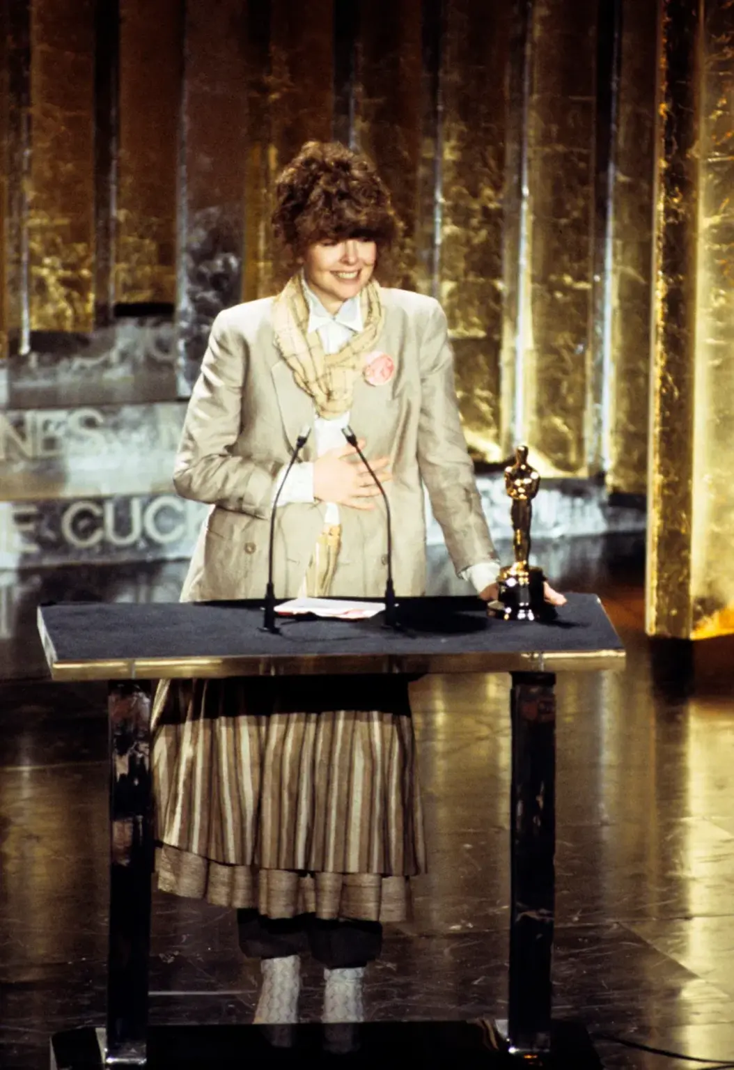 Diane Keaton wore a Giorgio Armani coat when winning the Best Actress Oscar for Annie Hall at the 50th Academy Awards in 1978