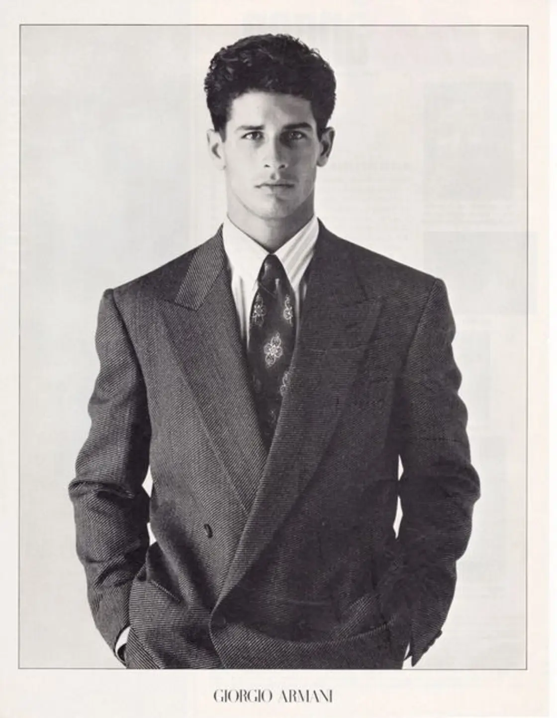 Armani’s signature look. Low button stance, padded extended shoulders, full cuts.