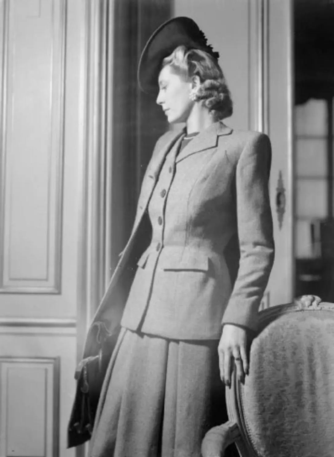Hardy Amies showcasing London couture for the Incorporated Society of London Fashion Designers, 1945