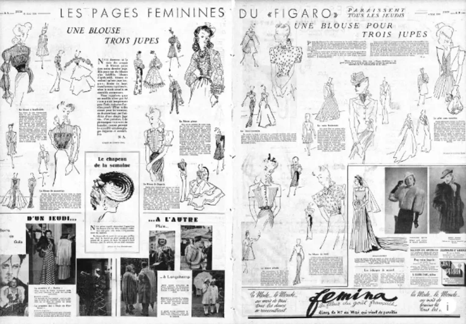 Illustrations by Christian Dior in the women’s pages of Le Figaro, 1939