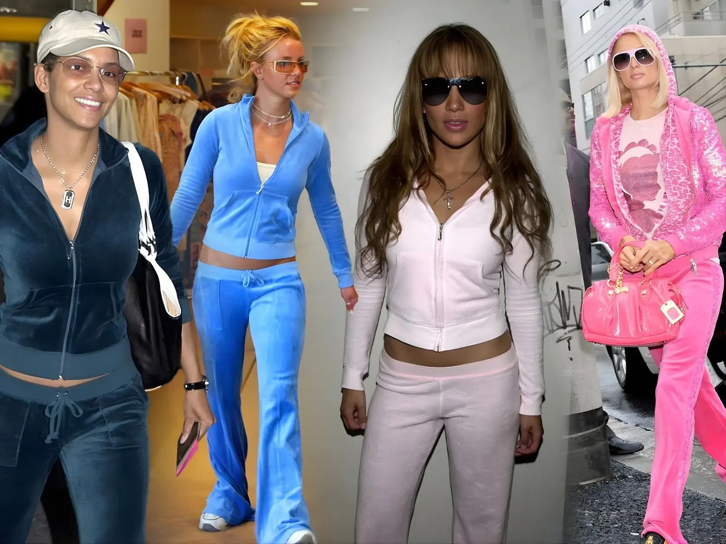 Halle Berry, Britney Spears, Jennifer Lopez, and Paris Hilton wearing Juicy Couture tracksuit Halle Berry, Britney Spears, Jennifer Lopez, and Paris Hilton wearing Juicy Couture tracksuit