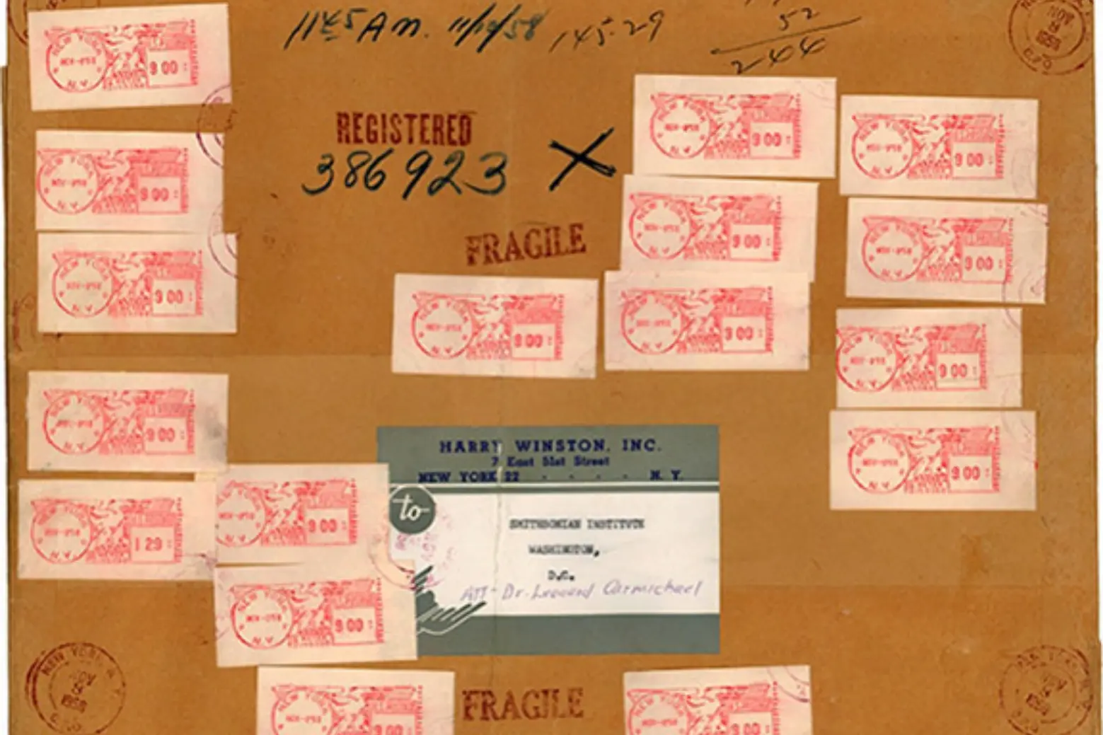 The package wrapper of the Hope Diamond during its mailing to the Smithsonian, now on display at the National Postal Museum Hope Diamond package