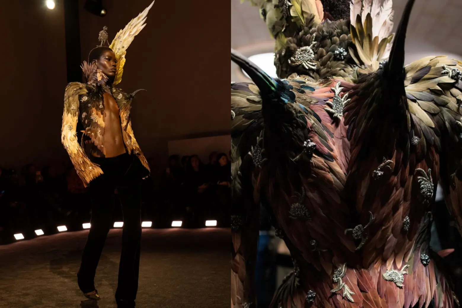 Bodies treated as sculptural forms, garments acting as armor