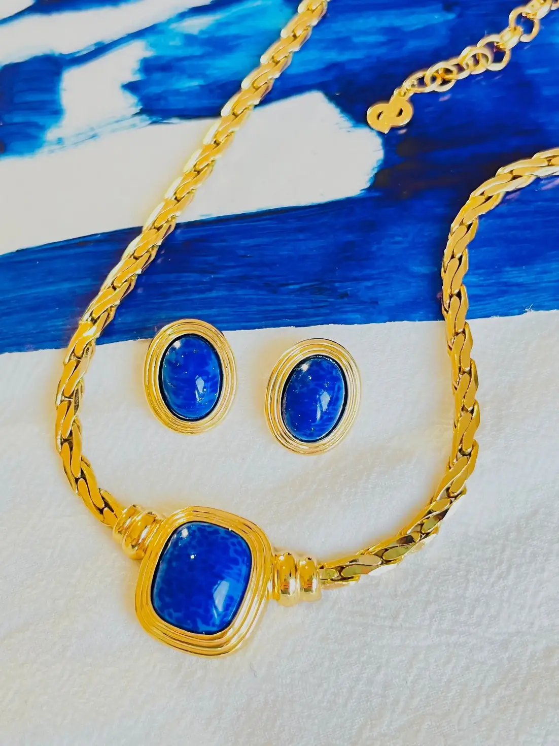 Christian Dior Vintage Lapis Navy Blue Rectangle Oval Cabochon Egg